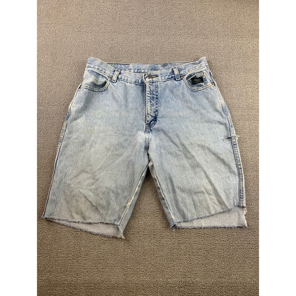 Harley-Davidson Men's 32 Light‎ Wash Frayed Hem Denim Shorts Biker (90s–Y2K)